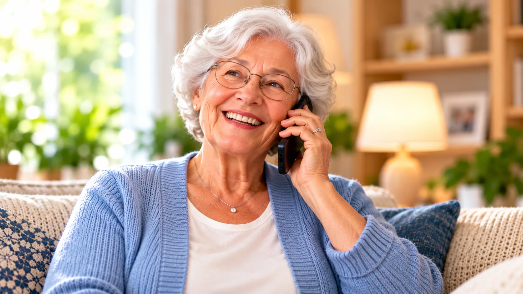 Senior enjoying an AI companion phone conversation
