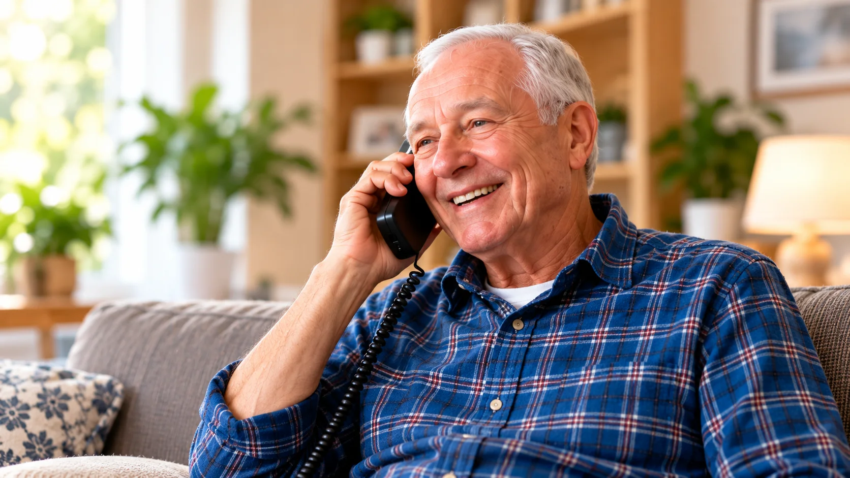 Senior enjoying a friendly phone conversation at home
