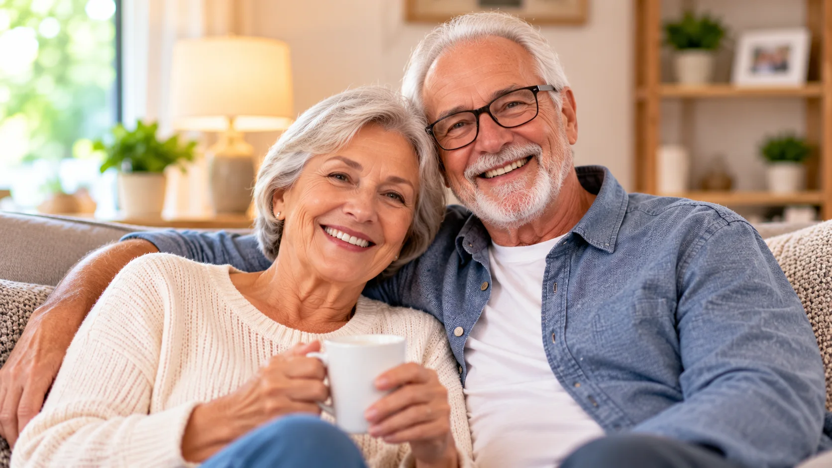 Happy senior couple relaxing together at home