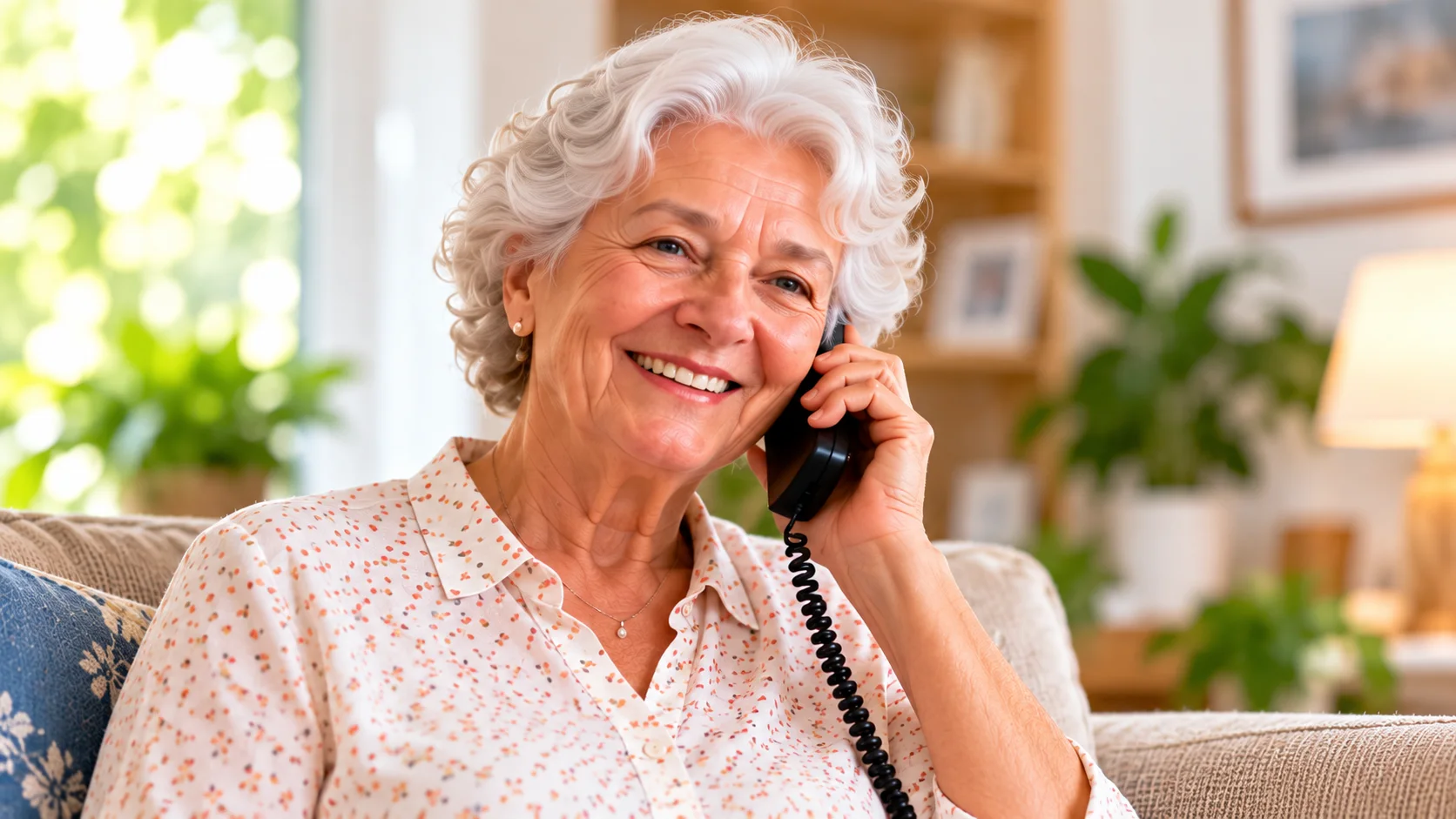Senior receiving a wellness check phone call